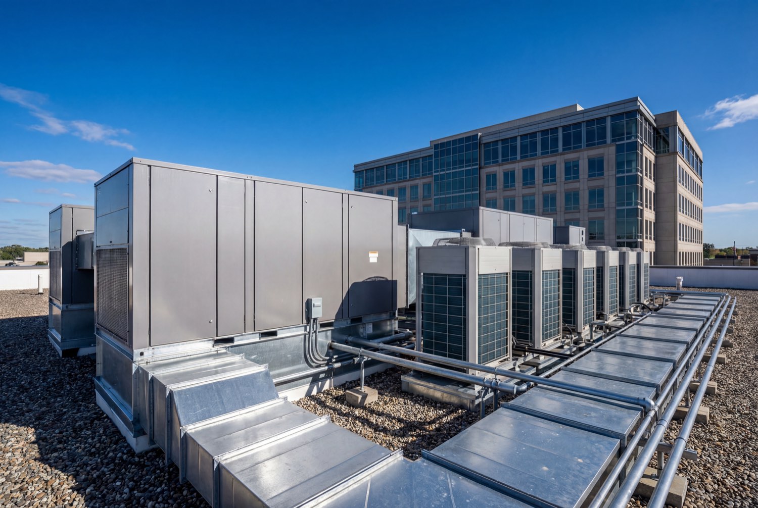 Commercial HVAC air-conditioning units on a modern building rooftop