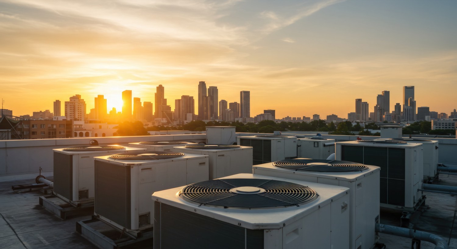 Rooftop HVAC units overlooking a city skyline at sunset